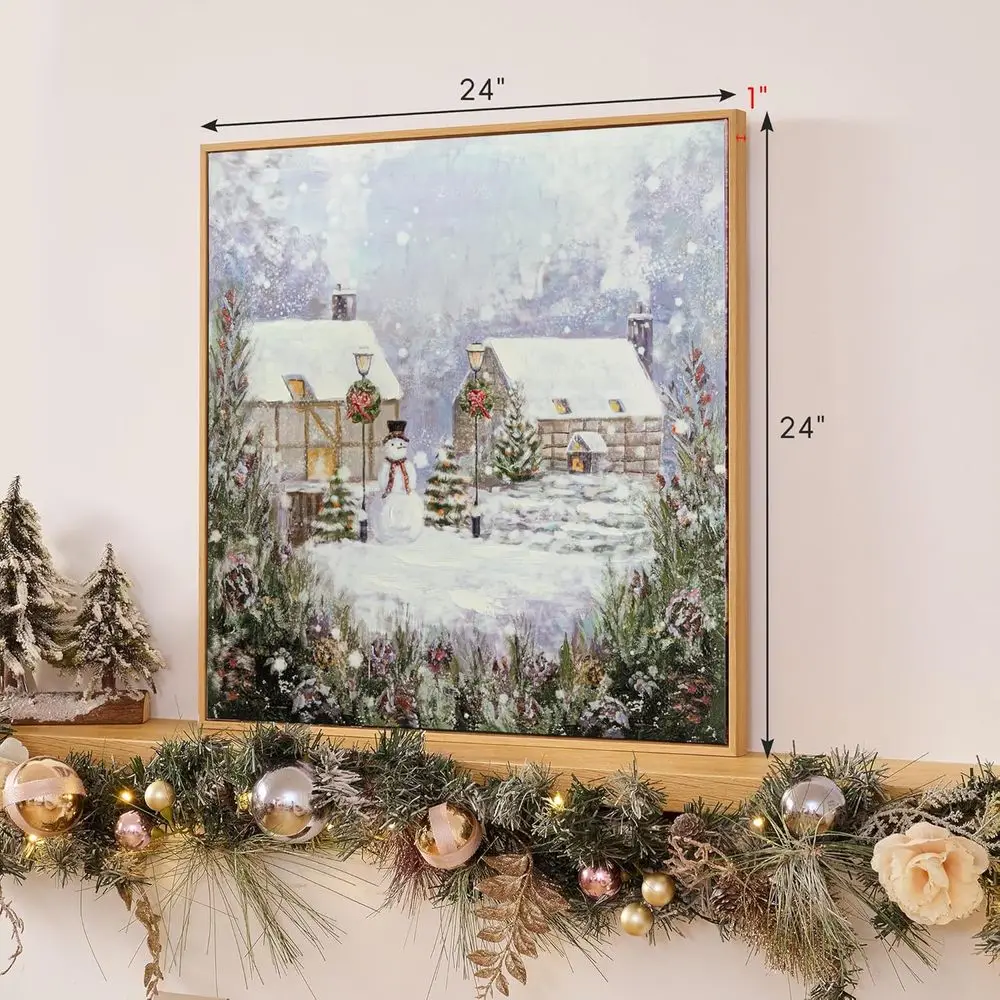 24x24 Inch Traditional Christmas Canvas Art - Snowy Winter Snowman Scene for Home Decor