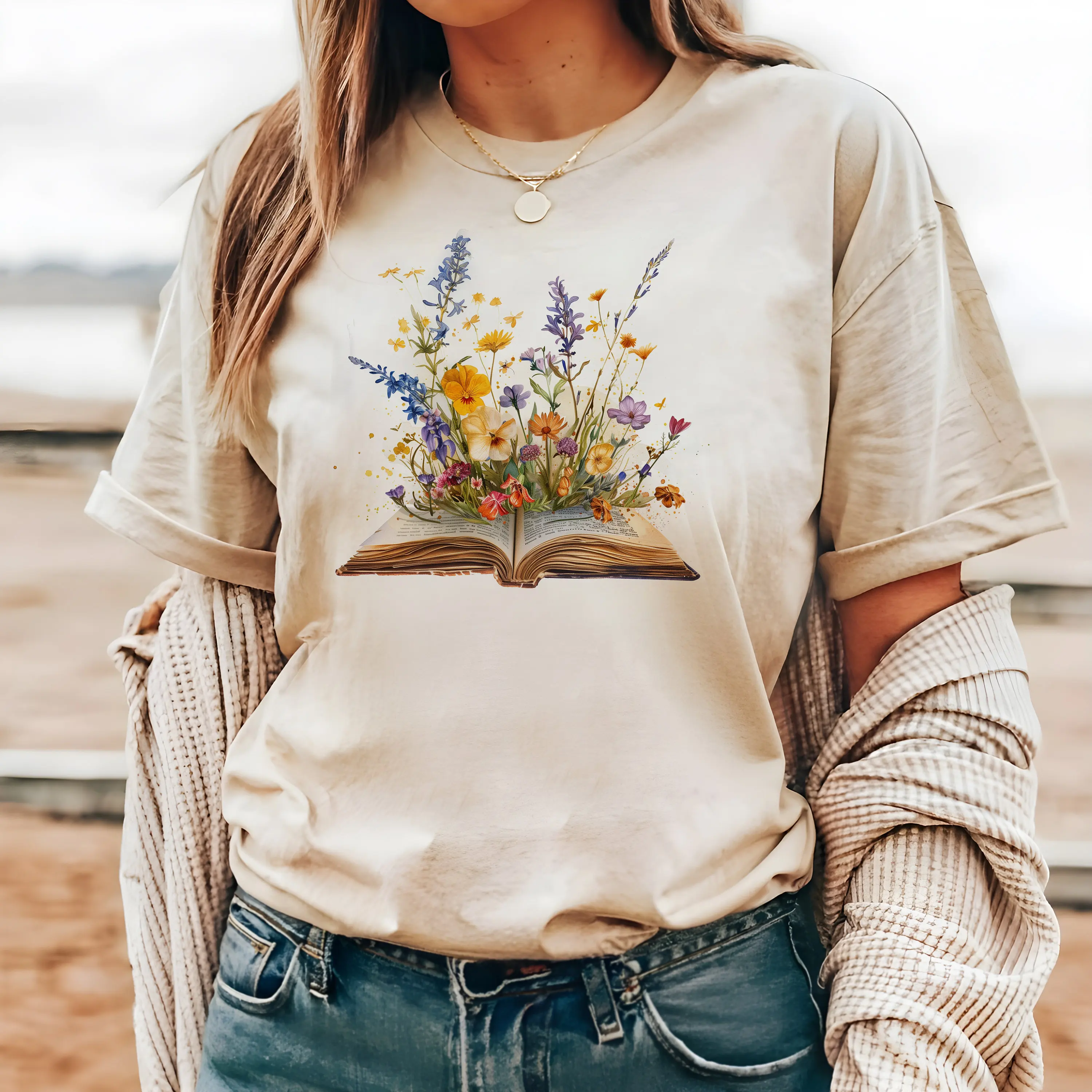 Floral Book T Shirt Flowers Spring Vintage Boho Colorful Imagination Reading