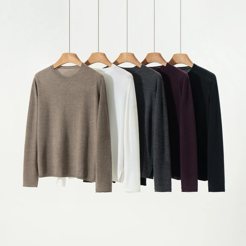 

100% Шерстяной трикотажный джемпер для женщин, весна-осень, с круглым вырезом, длинным рукавом, из тонкопряденой шерсти, машинная стирка