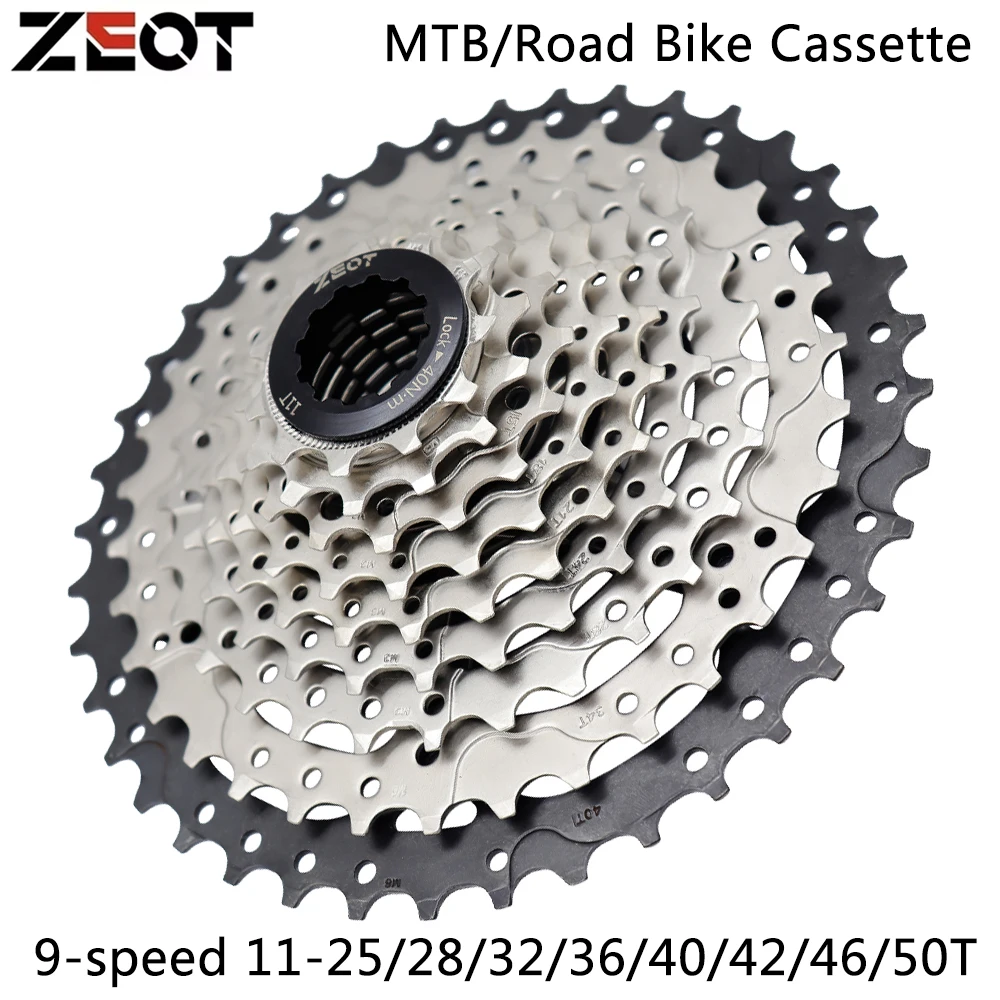 ZEOT 9 Speed Black Silvery Cassette Sprocket MTB Road Bike 11-25/28/32/36/40/42/46/50T Bicycle Freewheel for Shimano Sram