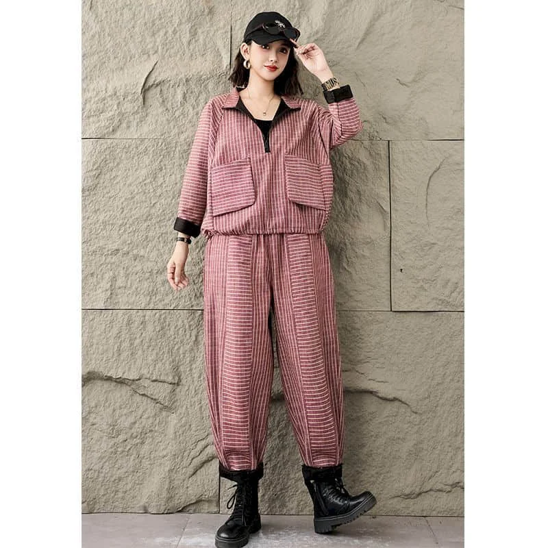 Vintage Pants Sets Long Sleeve Striped Tops and Casual Harem Pants Loose Harajuku Korean Style Two Pieces Sets Women Outfits