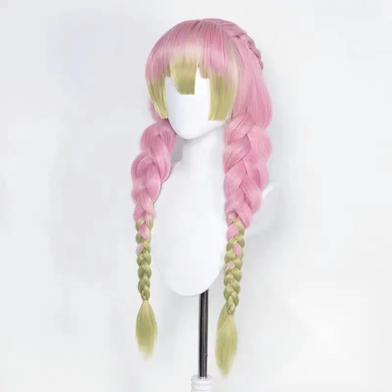 Mitsuri Kanroji Cosplay Wig Kimetsu no Yaiba Long Pink Green Wig Heat Resistant Hair Authentic Cosplay Wigs + Wig Cap