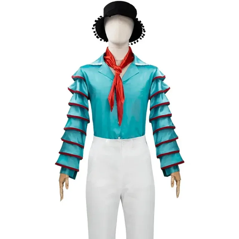 영화 마스크 아이피키스 코스프레 의상 파란색 셔츠 바지 모자 스카프 풀 세트 라 마스카라 역할 놀이 유니폼 슈트 할로윈 파티;3'v