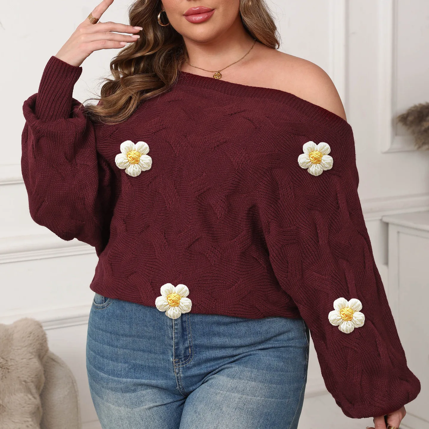 Large Size Women Sexy One Neck Off The Shoulder Irregular Top with Bat Sleeves Loose Sweater