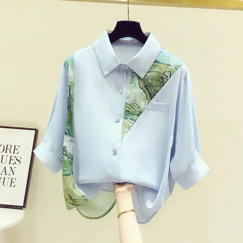 Women Button Blue Blouses 2022 Spring Summer Vintage Printing Patchwork Casual Turn-down Collar Loose Half Sleeve Chiffon Shirt