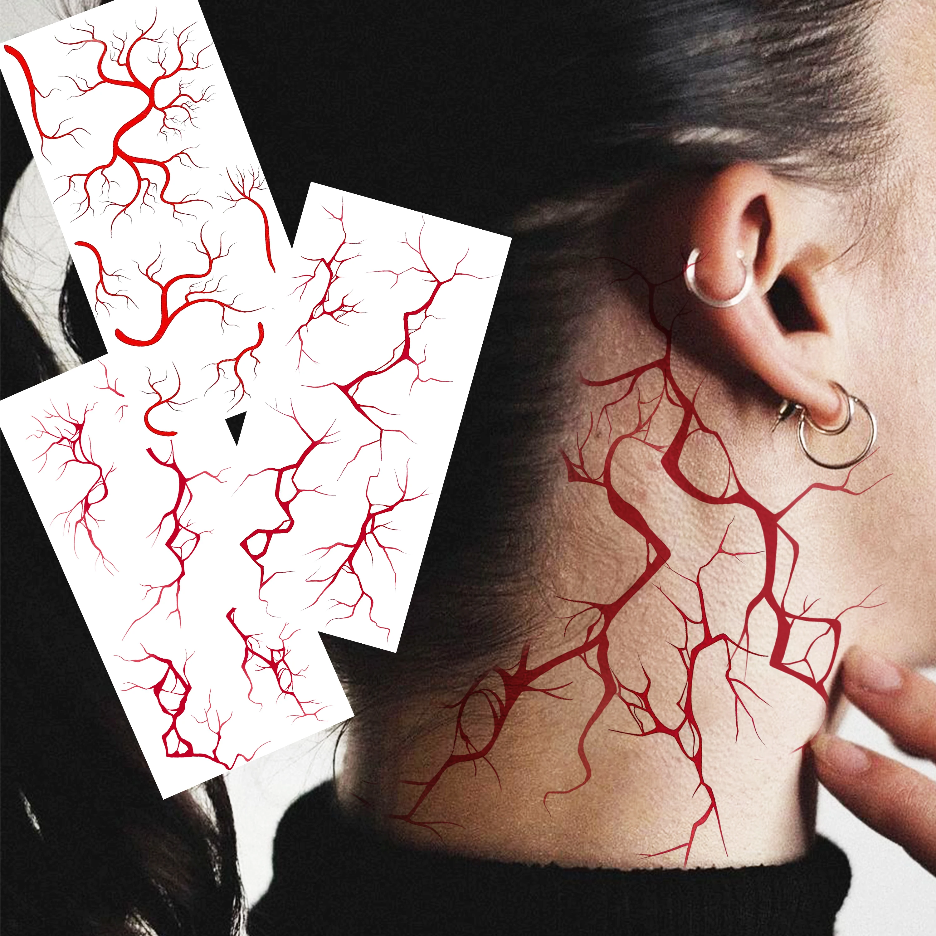 3 Sheets Halloween 3D Lightning Blood Vessels Temporary Tattoos For Adult Forearm Neck, Realistic Fake Tattoo Stickers Last Long