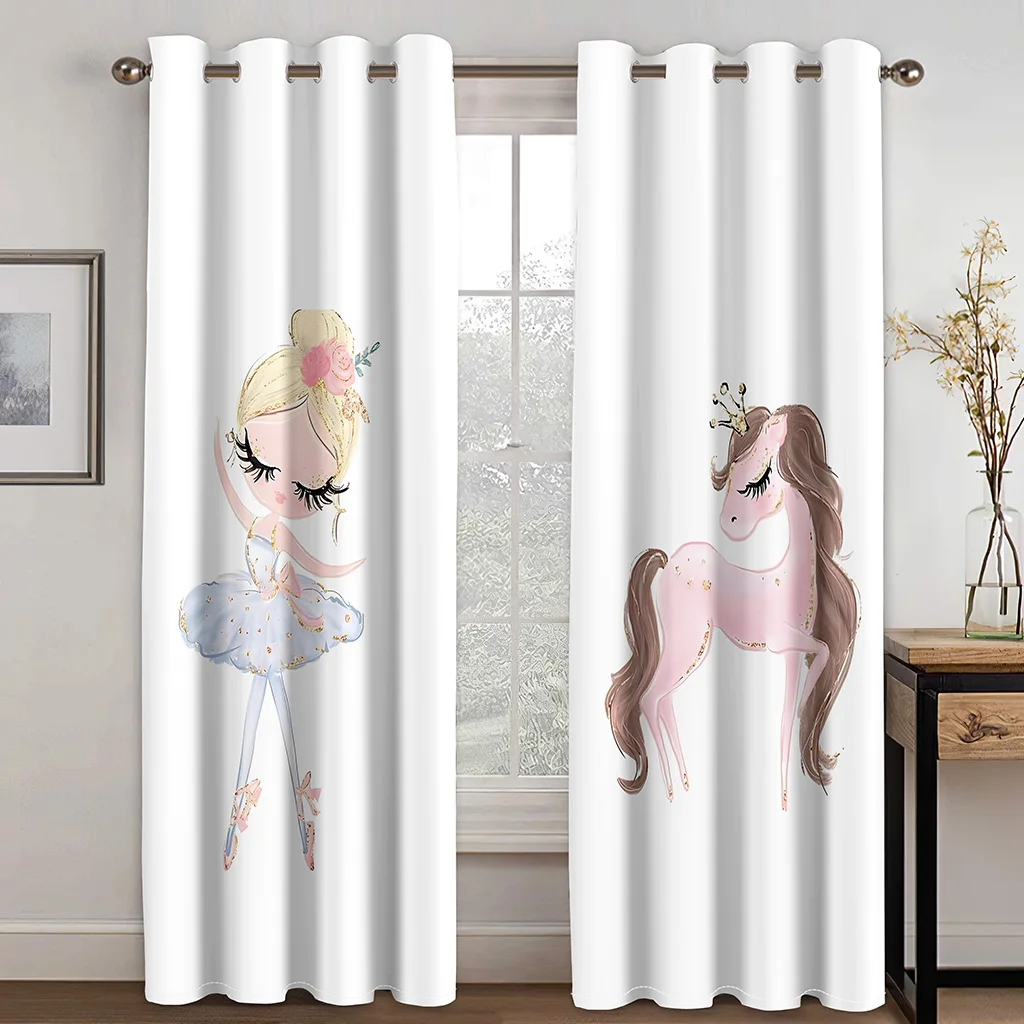 3D Cartoon Unicorn Curtain Dancing Girl Curtain Black and White Swan Curtain 2 Panel Living Room Bedroom Children's Room Decor