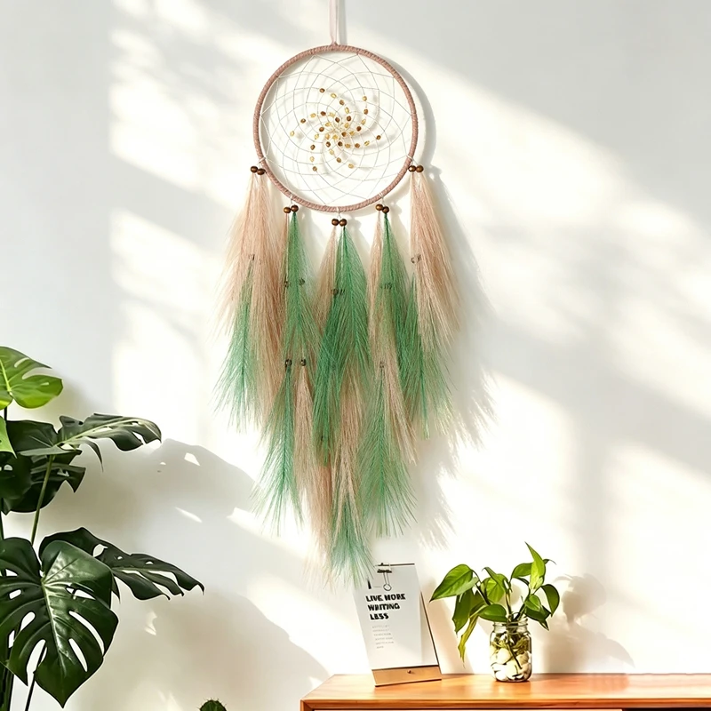Handmade Gradient Green Dream Catcher Faux Pampas Tassel Wall Decor Boho Aesthetic Room Window Ornament Handmade Wall Hangings