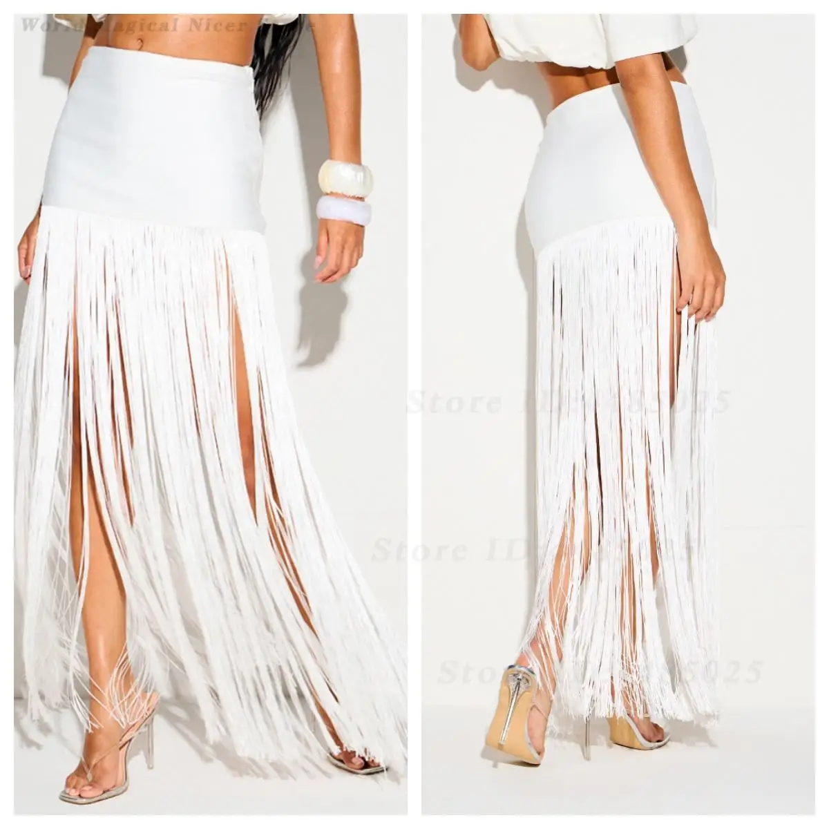 Women High Street Fringe Bandage Midi Maxi Skirt Sexy High Waist Bodycon Party Nightclub Banquet Formal Split Trousers Skirt