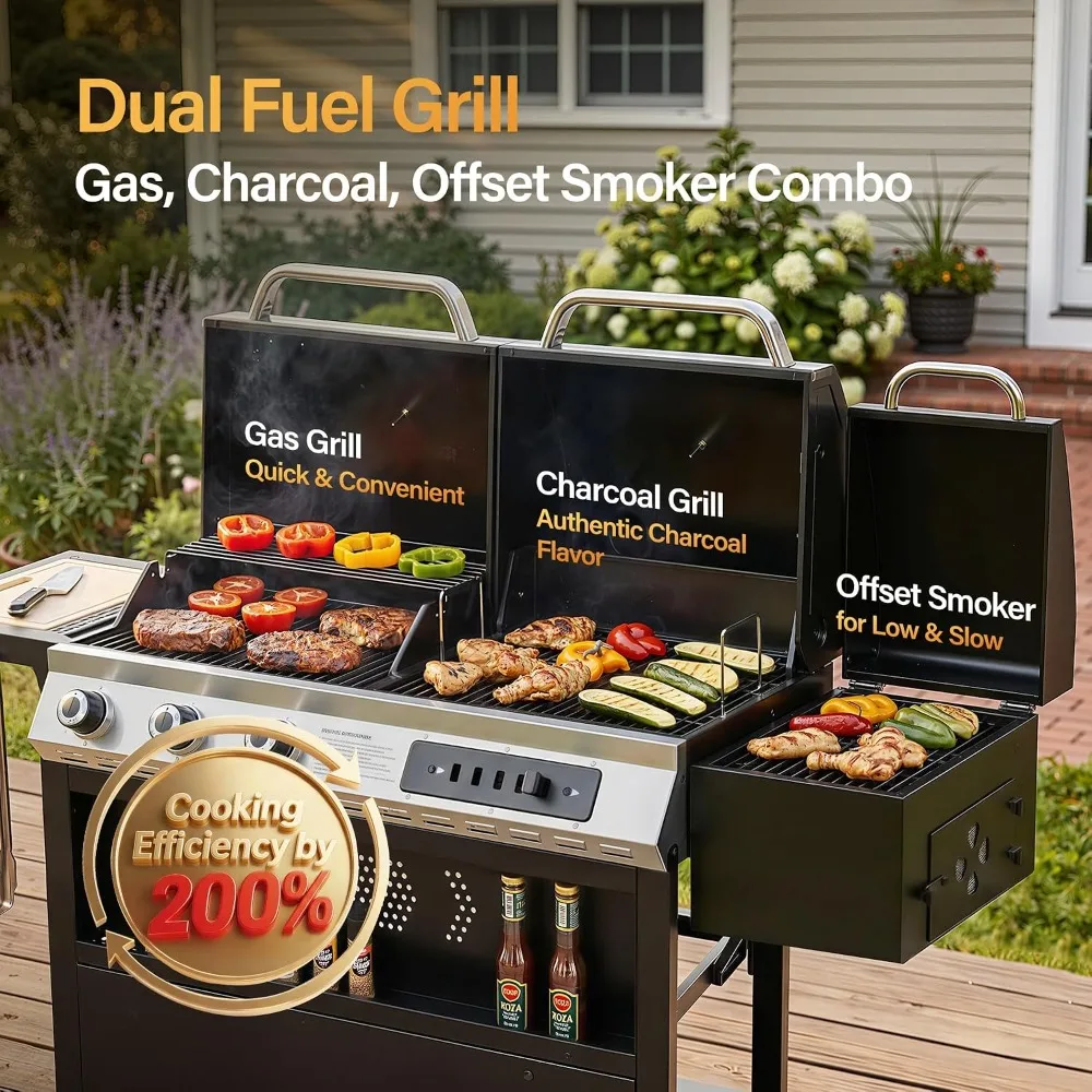 3-Burner Gas and Charcoal Grill Combo with Offset Smoker