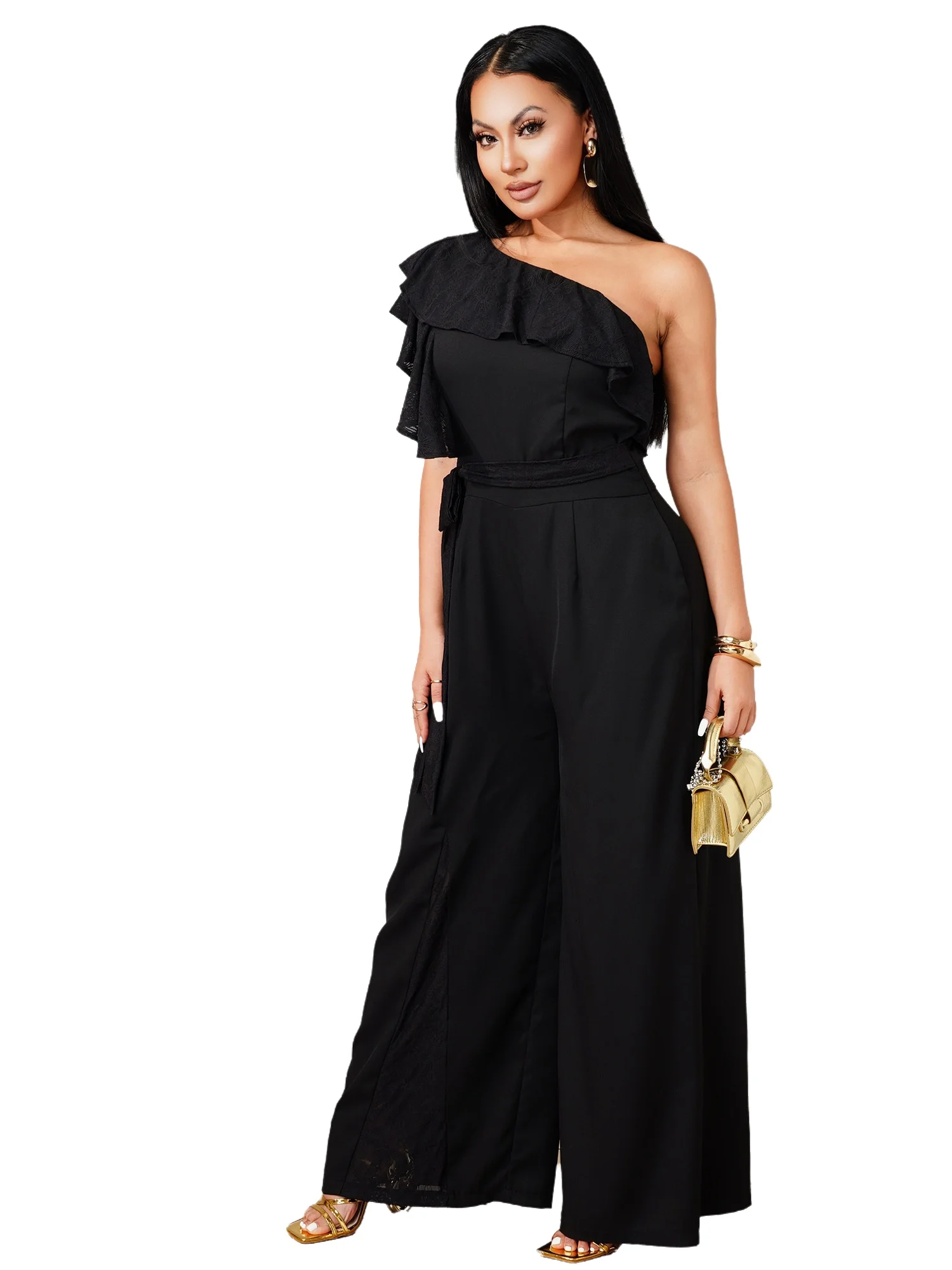 Women One Shoulder Sleeveless Bodysuit Pants Jumpsuit with Pockets and Belt for Club Themed Party Daily Wear Vacation