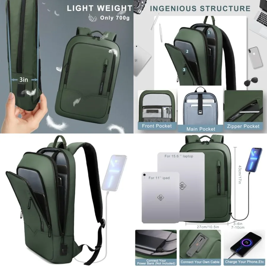 

Backpack for Men Business Slim Backpack with USB Charger Computer Lightweight Anti-theft Travel
