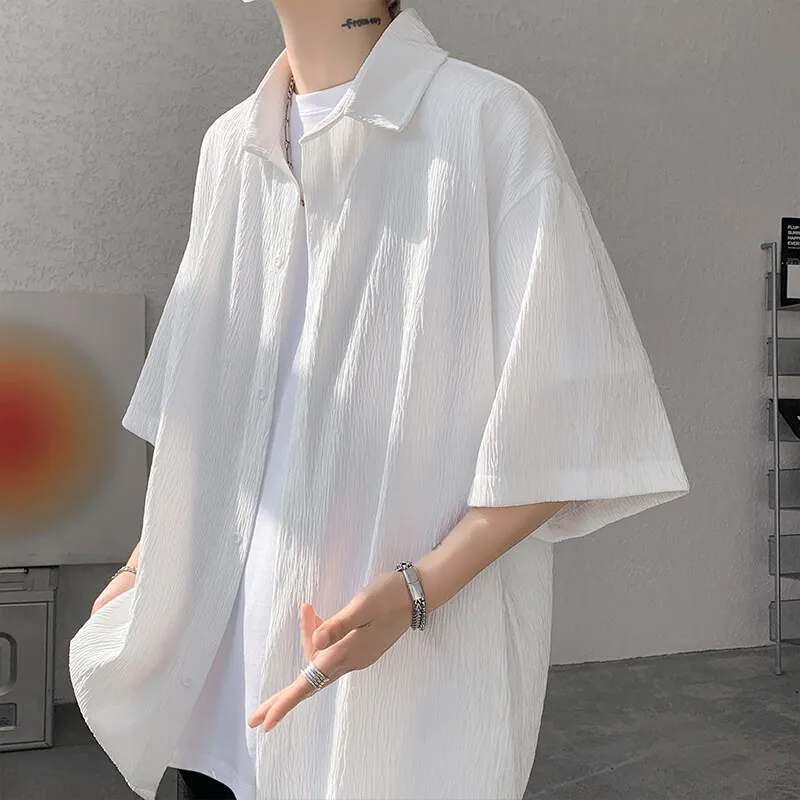 Wine Red Side Buttons Pleated Shirt Black Apricot Harajuku Button Up Korean Short Sleeve  Male Shirts Men Blouse