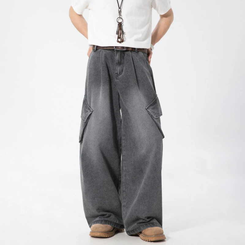 

Мужские мешковатые джинсы, весна-лето, широкие джинсовые брюки в стиле хип-хоп, уличная одежда в стиле Харадзюку, мужские свободные прямые брюки-карго с большим карманом