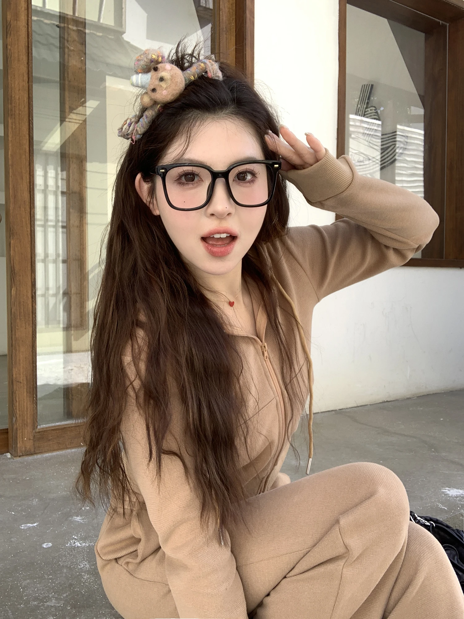 

Xiao en Meimei Mira Hooded Zipper Cardigan Dstring Straight Leg Pants Women's Spring Autumn Set Cotton Faion Set