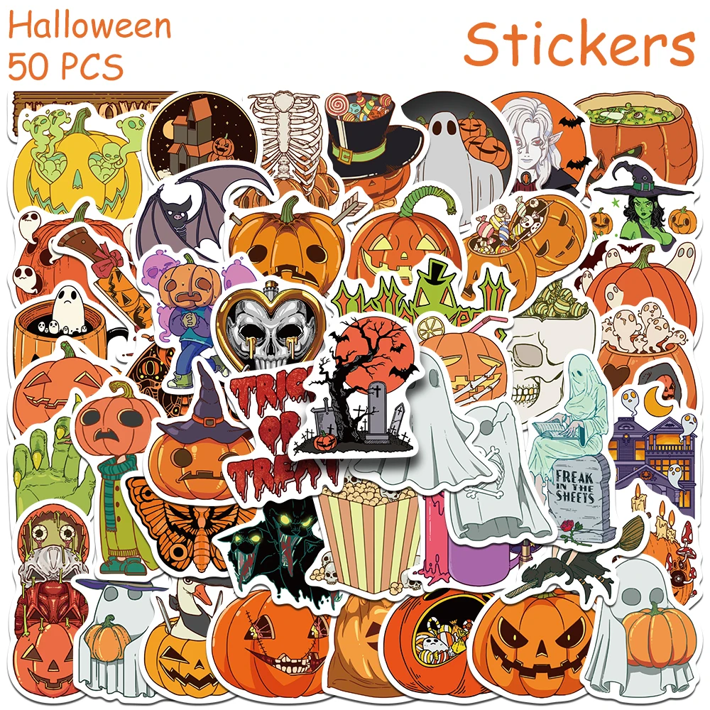 50pcs Cartoon Halloween Pumpkin Stickers Decals For Phone Notebook Luggage Refrigerator Wall DIY Graffiti Aesthetic Stickers