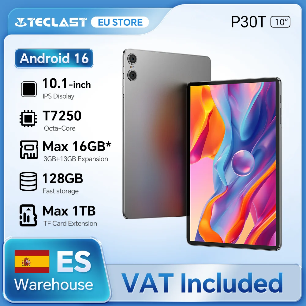 Tableta Teclast P30T 2026 de 10,1 pulgadas, con Gemini AI, Android 16, hasta 16 GB de RAM (3 GB + 13 GB de expansión), 128 GB de ROM