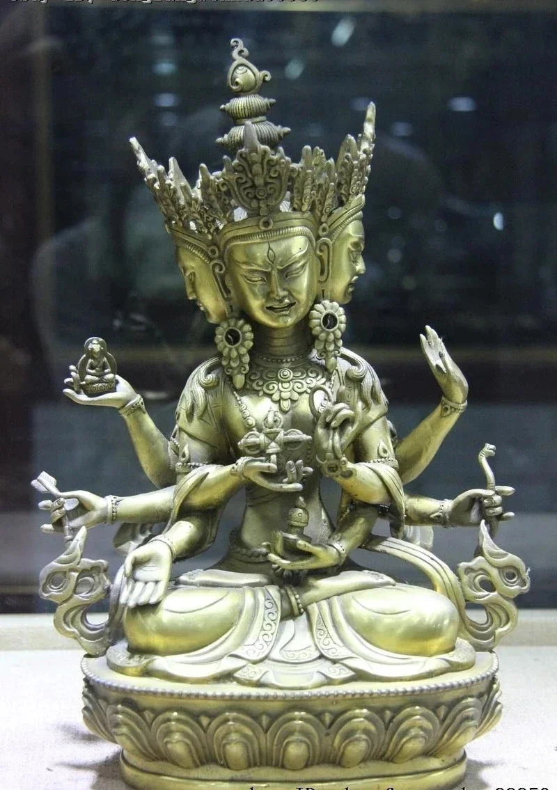 Tibetan Brass Copper Namgyalma Ushnishavijaya Buddha 3 Head 8 Arms Buddha Statue