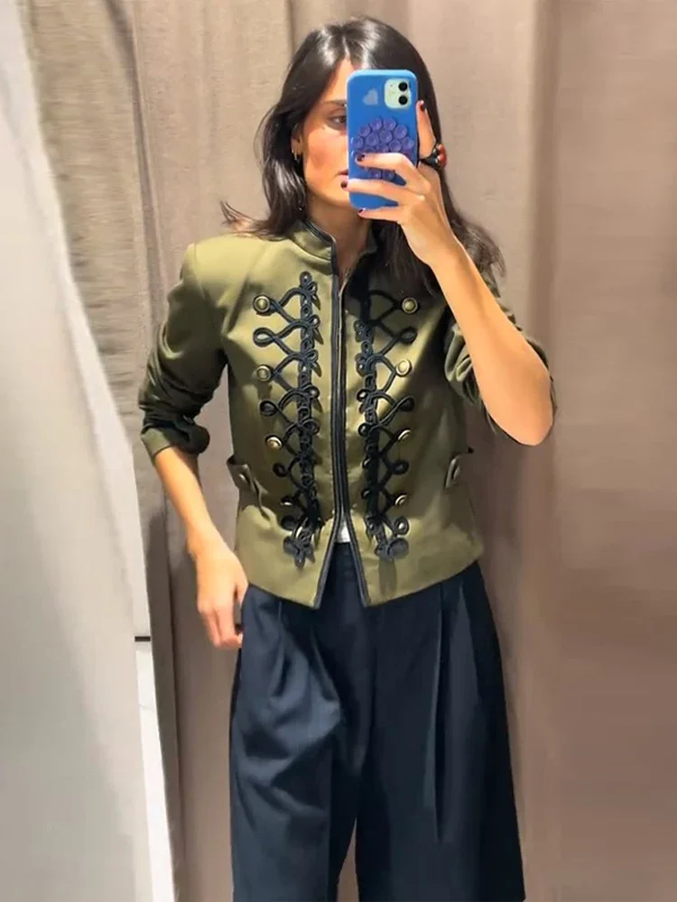 Vintage Damen Napoleon-Jacke mit Stehkragen, Schnallenverschluss, langen Ärmeln, grüner Sim-Mantel für Damen, Frühjahr/Herbst 2026, Streetwear-Oberbekleidung