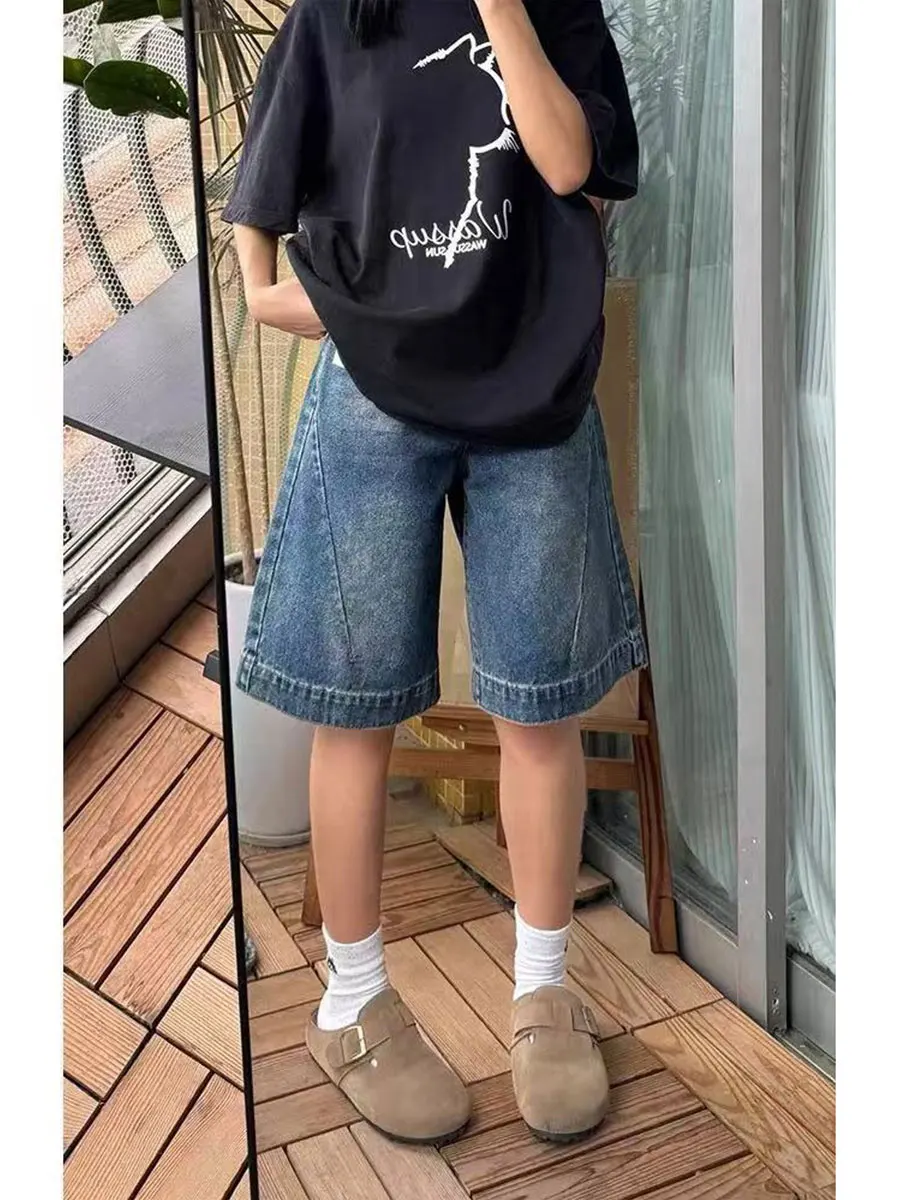 

High Waist Wide Leg Five-Quarter Women's Denim Shorts American Style Summer plus Size A-Line Jeans Straight Cut Slimming Pants