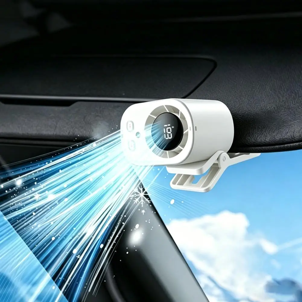 Car Air Conditioning Fan Clip Portable USB Rechargeable Cooling Fan with LED Display 360 Rotation Large Battery