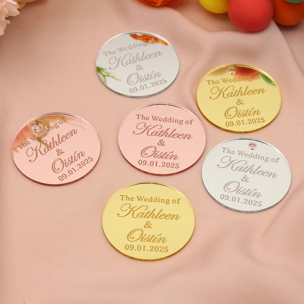 

30/50/100pcs Personalized Engraved Tag Wedding Name Round Tag Acrylic Mirror Wedding Party Table Decoration Favors Custom Gift