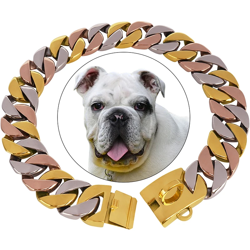 

Stainless Steel Martingale Collars tricolor Dog Chain Collar 32mm Cuban Chain Link Collar 18k Gold