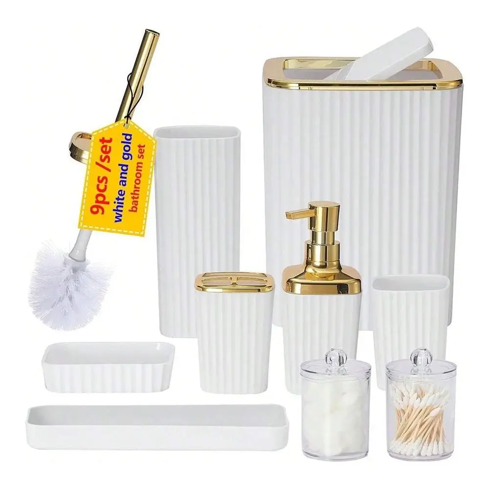 

Набор аксессуаров для ванной комнаты, 9 предметов, белый цвет, включает в себя держатель для зубных щеток, мусорное ведро, дозатор для лосьона и мыла, стакан для зубных щеток.
