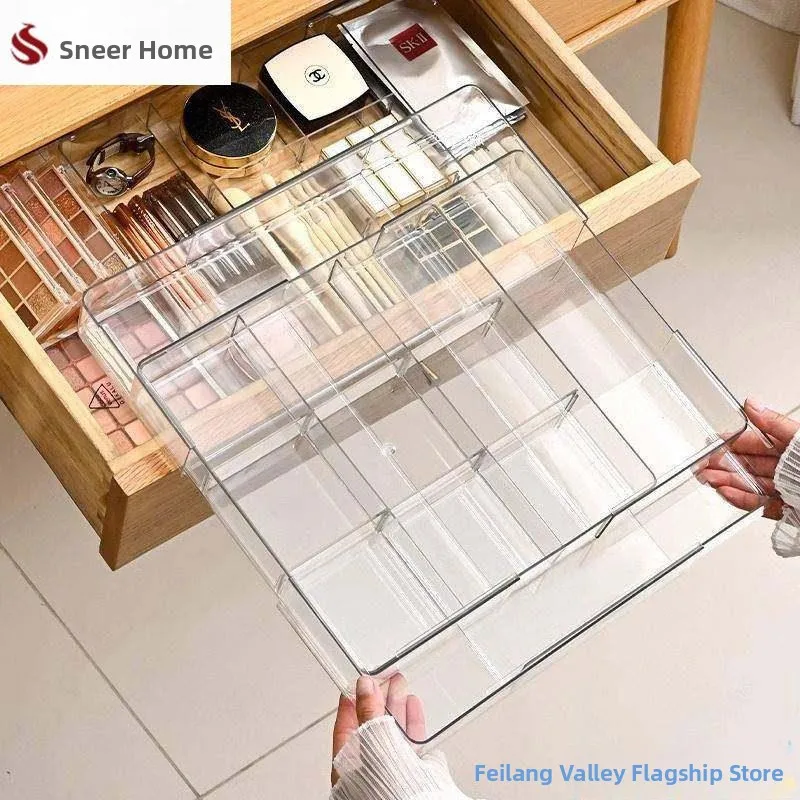 

Прозрачная коробка для хранения косметики, выдвижная, с расширяемыми разделителями, органайзер для украшений, прямоугольная, в японском стиле