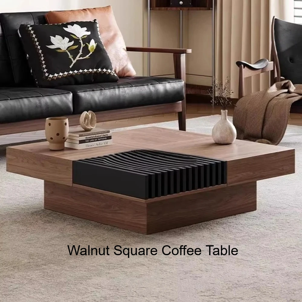 Modern Walnut Wood Coffee Table, Square Tea Table with Storage Drawers for Living Room