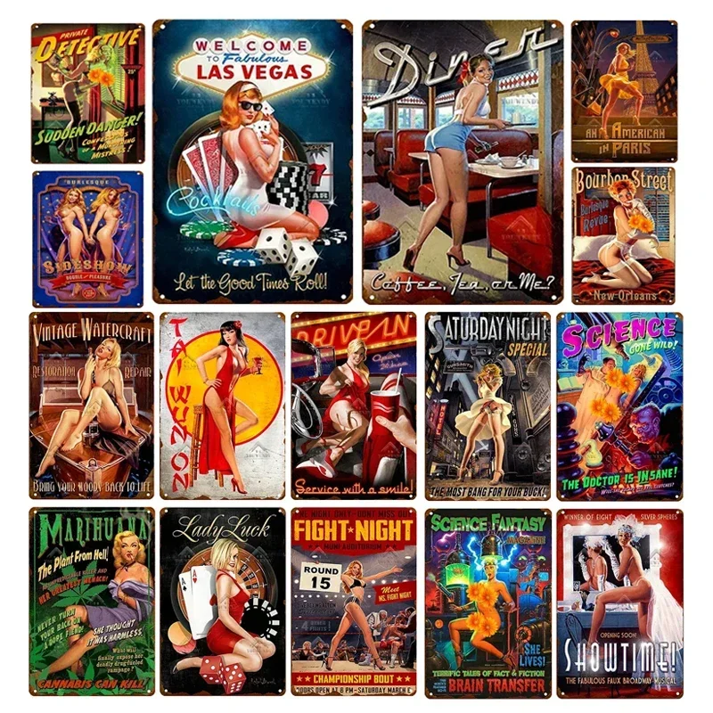 Las Vegas Schönes Girl Wandschild Metall Poster Männerhöhlen Wandaufkleber Weißblech Malerei Sexy Frauen Foto Dekor Plaketten