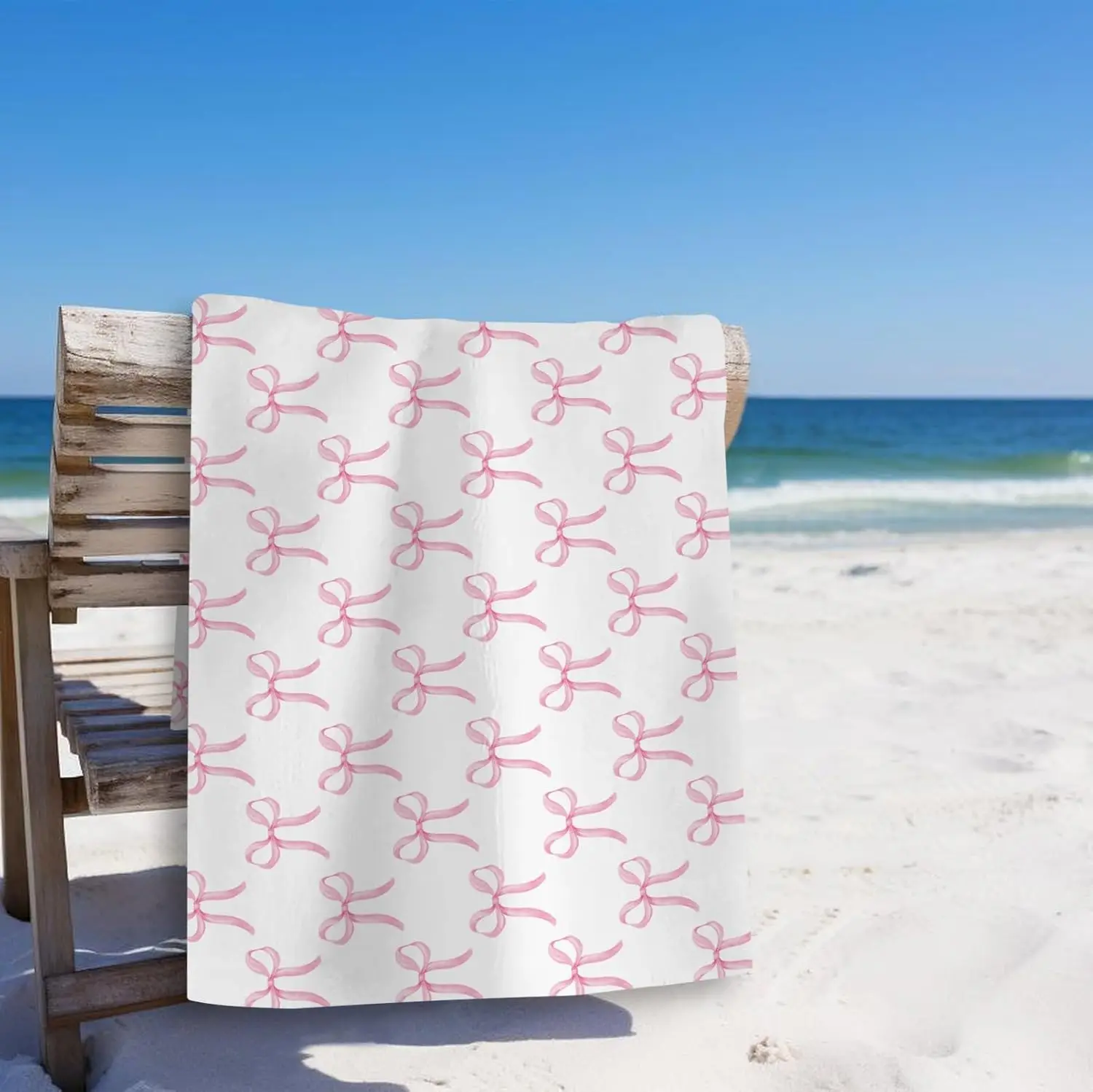 Pink Bow Beach Towel, Pink Coquette Bowknots Pool Towels, Trendy Preppy Cute Girly Sand Towel Large Bath Towels