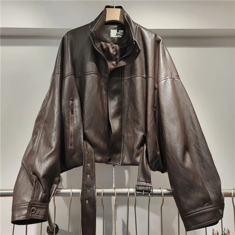 

Clothland Women Elegant PU Leather Jacket Belt Long Sleeve Zipper Coffee Black Female Retro Loose Coats Mujer CB323