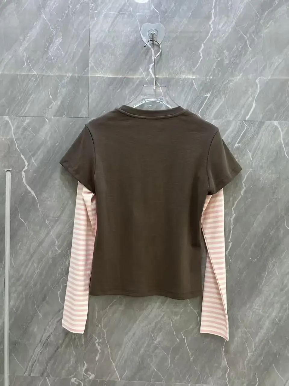 Cute Hand Drawn Character Graphic Fake Two Piece Shirt Pink Brown Splicing Striped Long Sleeve Cropped Top Crew Neck Autumn Wear