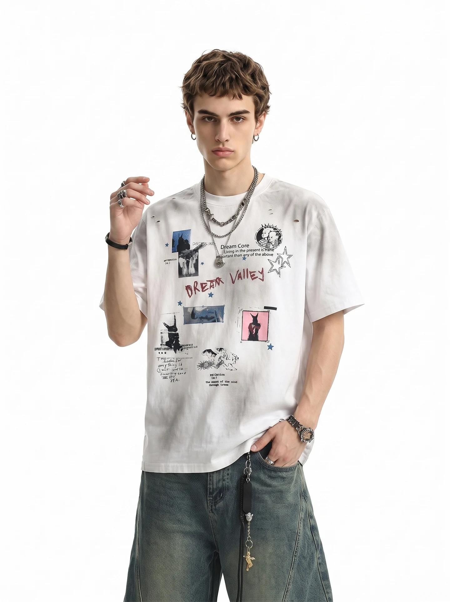 BETEBULE Graffiti Print Ripped Short Sleeve T-Shirt Men Summer Street Style Loose Fit round Neck Casual Top for Youth