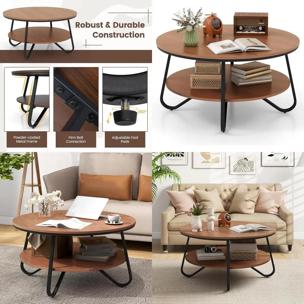 

Mid-Century Walnut 33.5 Round Coffee Table with Lower Shelf and Steel Frame