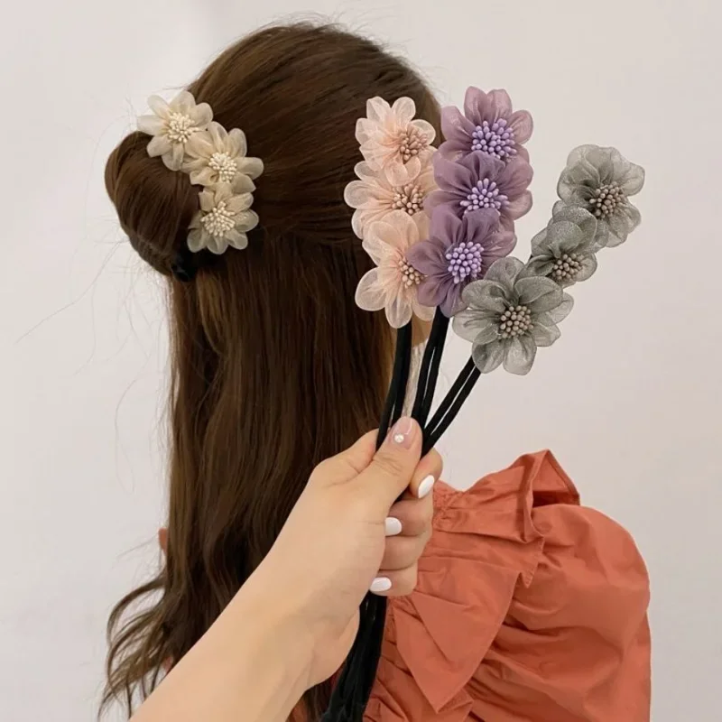 Women Elegant Bud Chiffon Flower Bun Maker Hairstyle Making Long Tool Sweet Hair Braide Rope Hairbands Korean Accessories