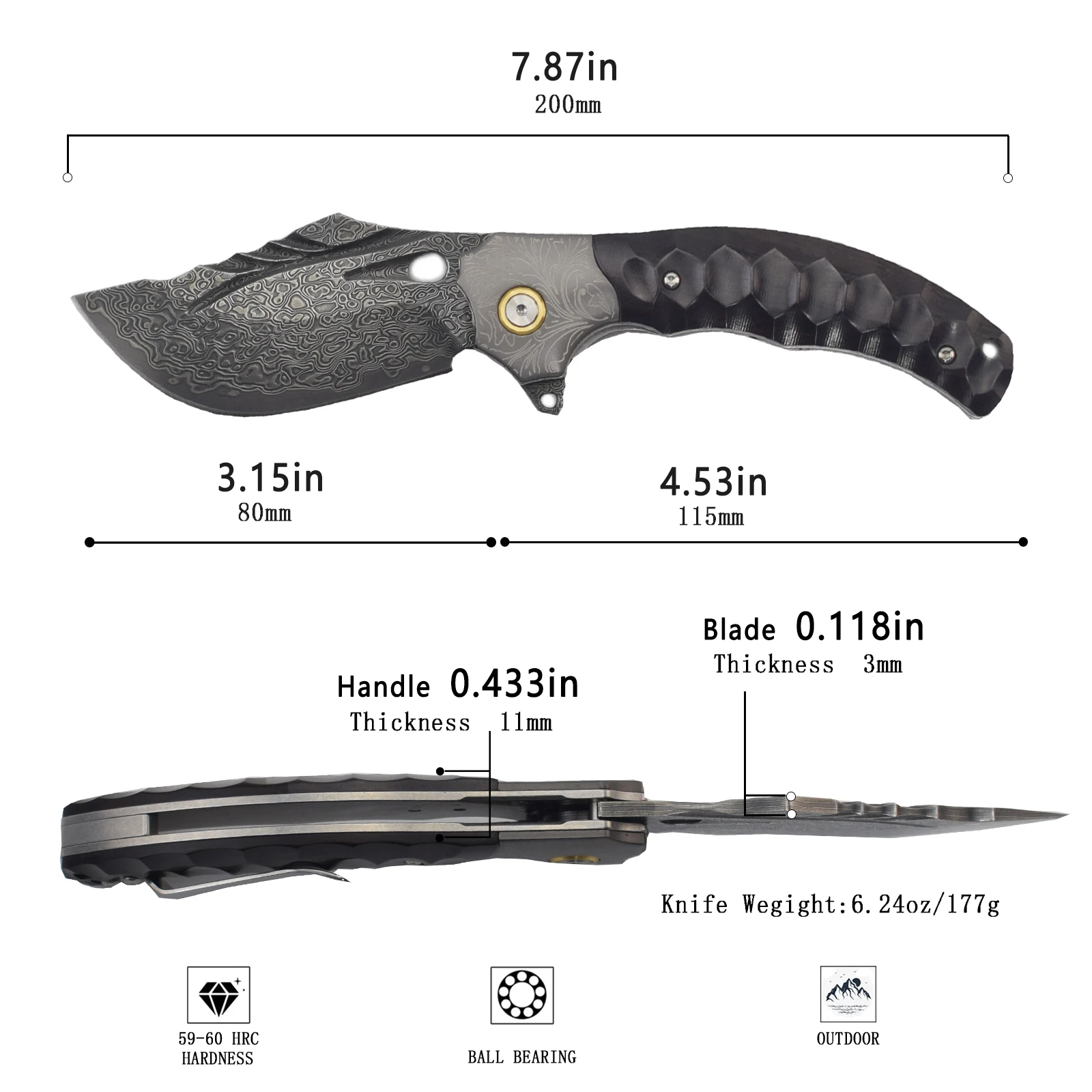 Lâmina dobrável artesanal de aço damasco, utilitário de sobrevivência para acampamento ao ar livre, ferramentas edc, facas dobráveis de bolso, ébano cnc + alça de aço