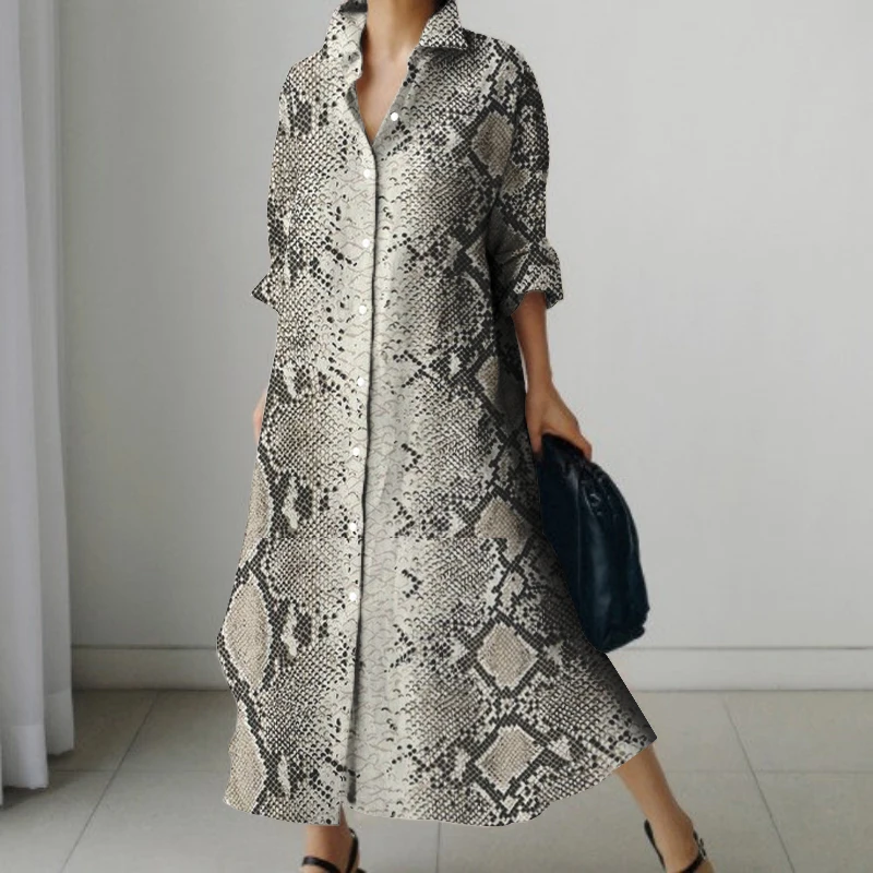 2024 New Women\'s Shirt Dress Sexy Textured Printed Lapel Shirt Dress Autumn Long Sleeve Vacation Loose Dress With Pockets