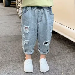 Pantaloni Jeans strappati per bambini vestiti primaverili e autunnali ragazzi pantaloni larghi casuali ragazze pantaloni larghi per bambini sottili 2 4 6