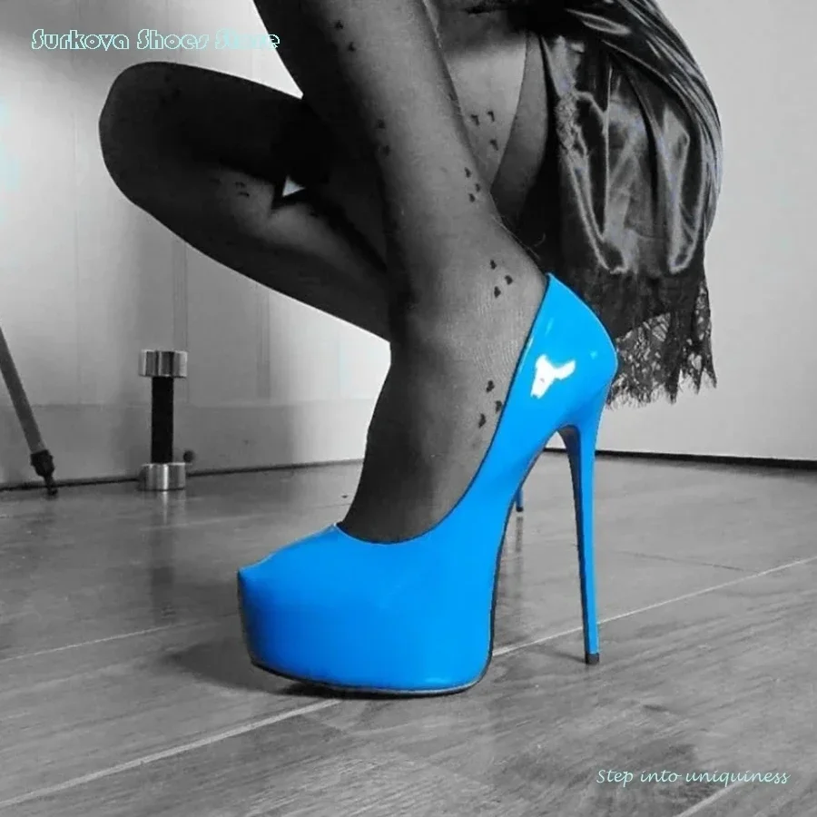 

Solid Patent Leather Platform Pumps Sexy Round Toe Super High Thin Heels Women's Shoes Summer Slip On Shallow Party Stilettos