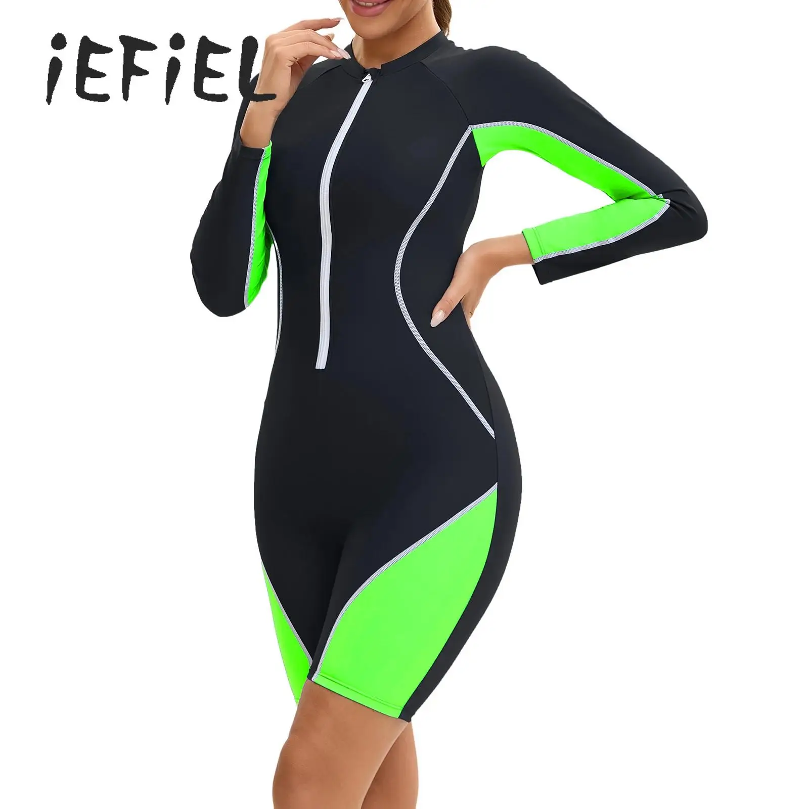 

Women One Piece Athletic Swimsuit Long Sleeves Padded Zipper Shorty Swimwear Rash Guards Swimming Surfing Beachwear Bathing Suit