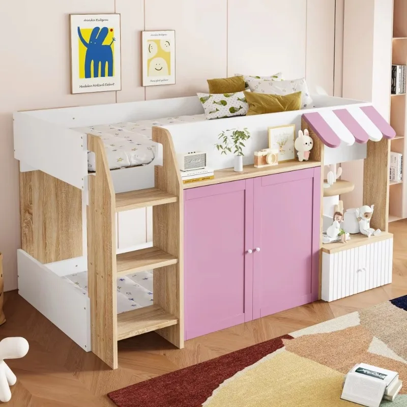 Solid Wood House Frame Semi-High Loft with Climbing Ladder & Open Storage Treehouse Design for Kids Fun Playhouse Furniture
