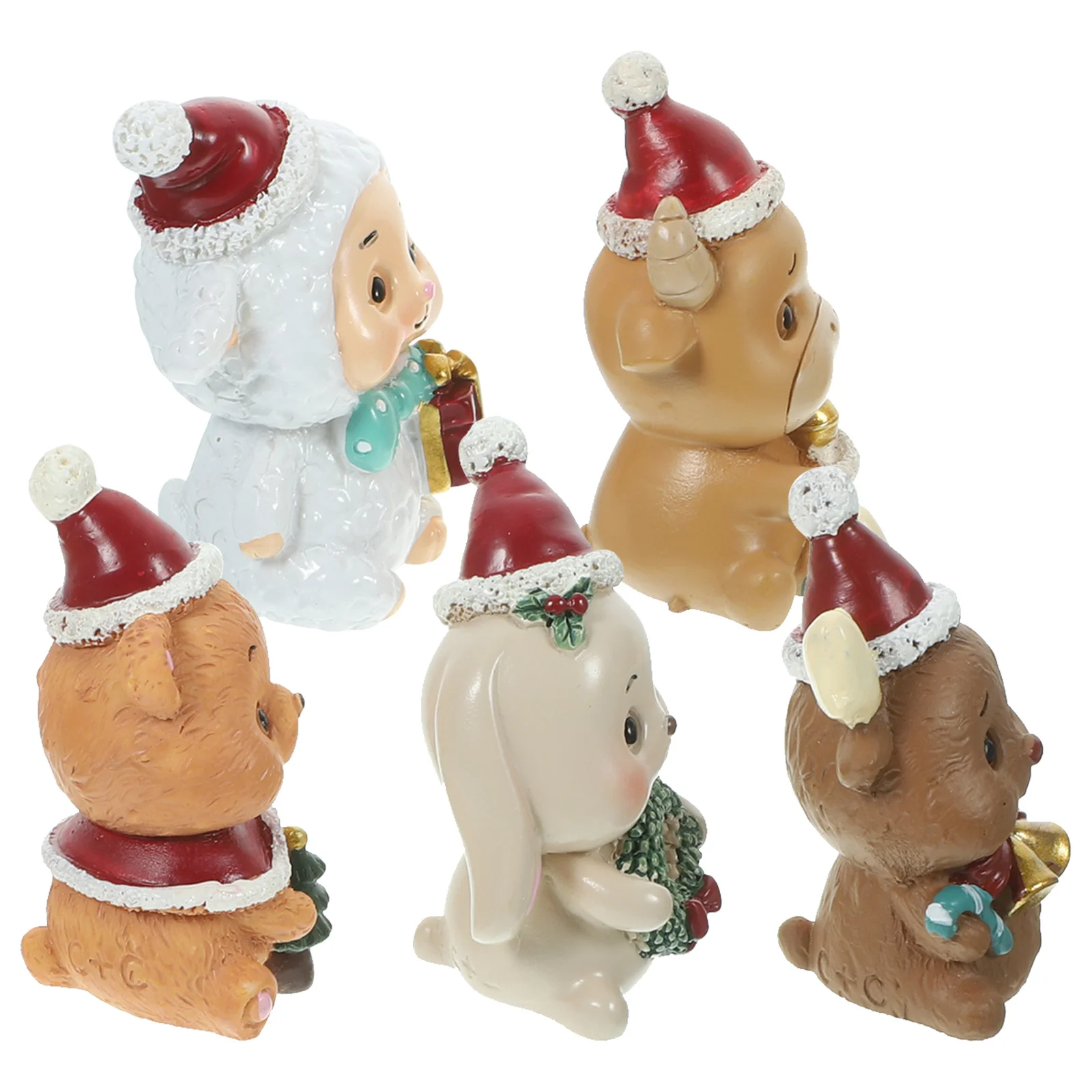 

5Pcs Resin Small Animal Decor Miniature Christmas Decoration Set for Holiday Home Garden Display Lovely Tiny Xmas Ornaments