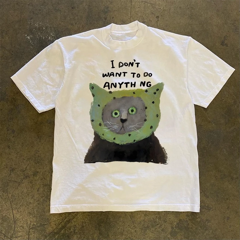 2026 Summer Vintage Oversized Graphic T‑Shirt For Adults Kids Hand‑Painted Funny Cat Frog Hat Loose Short Sleeve Street Tee