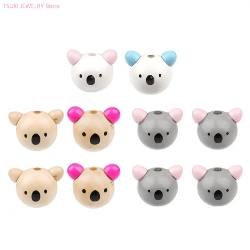 62ke Set von 10 runden Holzperlen mit Cartoon Tiergesichter gemischte Farbe Schöne Tier süße Holzperlen Schmuck für – Detail 8