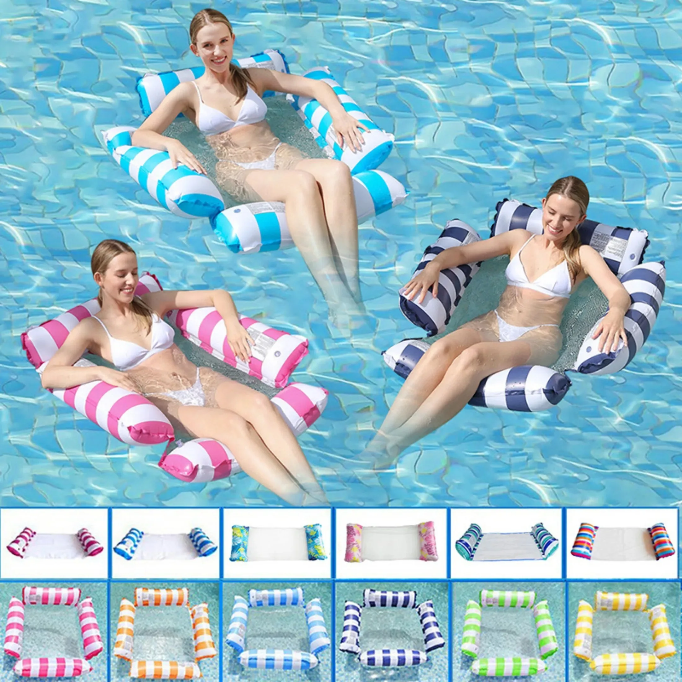 Colchón Inflable de Malla a Rayas de 4 Tubos, Colchón de Aire Plegable, Hamaca Flotante para Piscina y Diversión Acuática