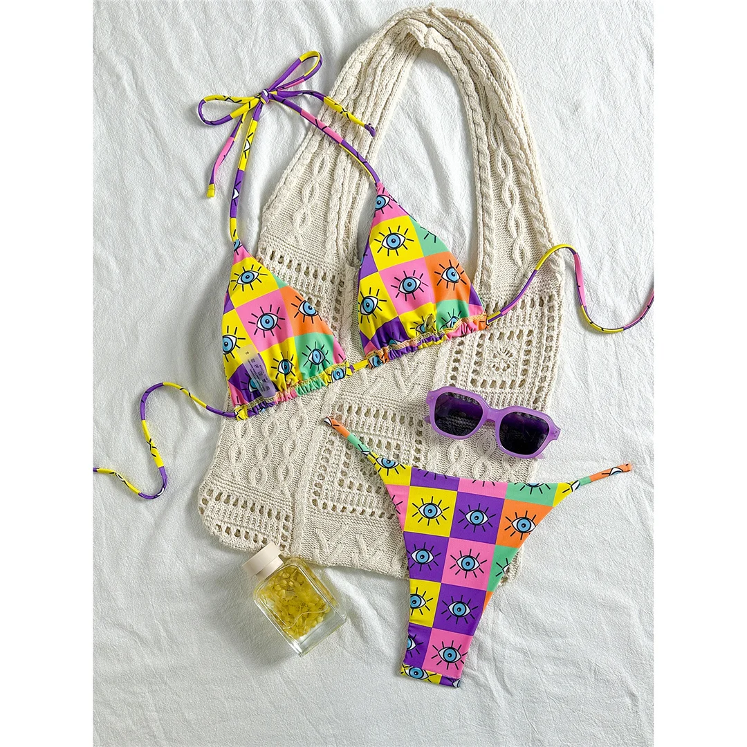 Buntes, bedrucktes Halter-Bikini-Set für Damen, zweiteiliger Badeanzug mit hohem Beinausschnitt, Badebekleidung, Badeanzug, Modell V7230. – Detail 12