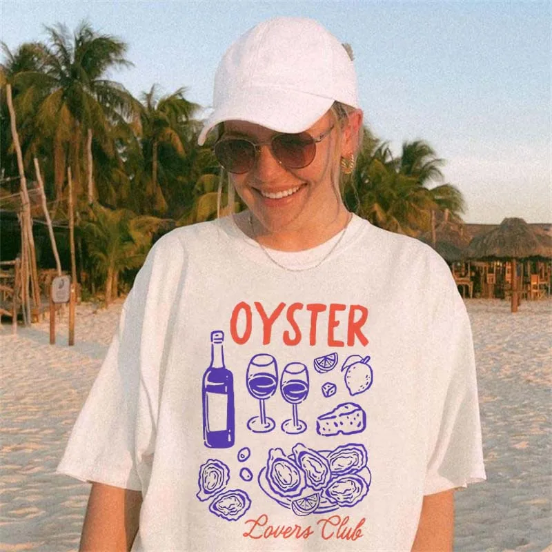 Oui نمط مطبوعة عطلة نمط المرأة الشاطئ تي شيرت قصير الأكمام المرأة بسيطة عادية الصيف موضة الأساسية تي شيرت كامل