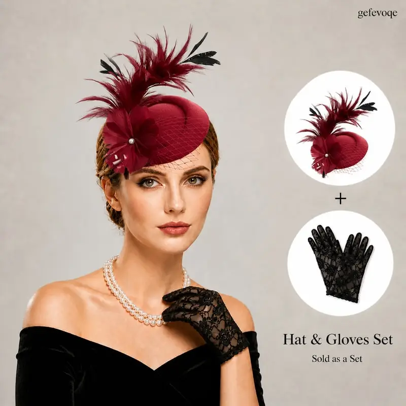 2Pcs Womens Flower Feather Fascinator Hat Lace Gloves Set for Tea Party